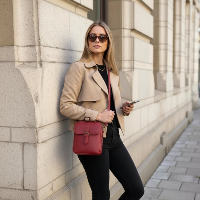 Sac_bandoulière_antivol_sac à compact main t svelora Sac_rouge_lifestyle_femme